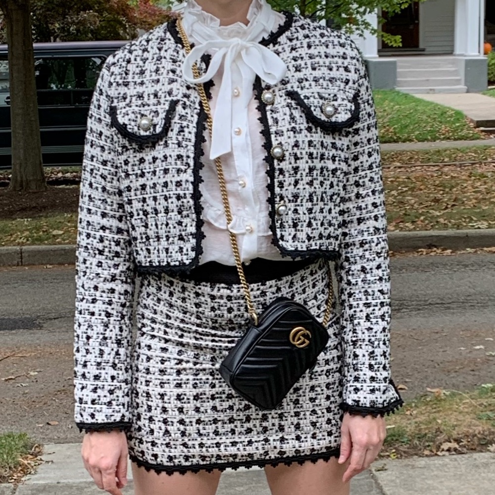 Sister Jane Black and White Tweed Crop Jacket and Mini Skirt Set - Picture 2 of 3